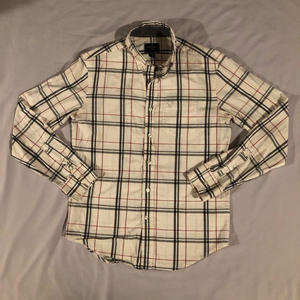 Men’s American Eagle White Plaid Long Sleeve Dress Shirt